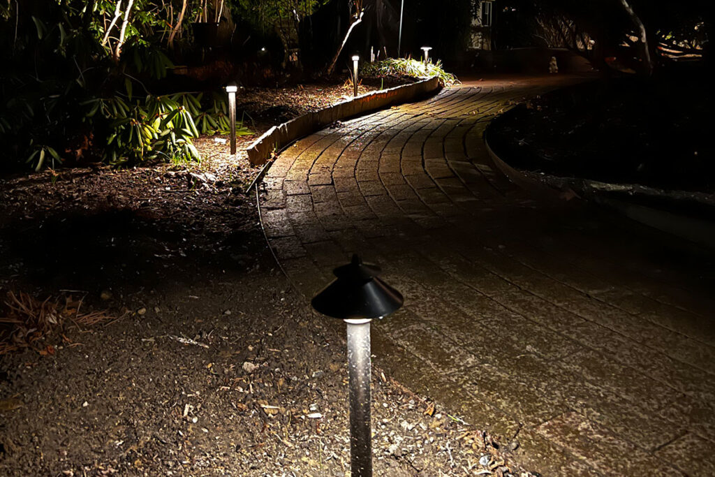 Energy-efficient low voltage patio lights providing soft illumination along a walkway.