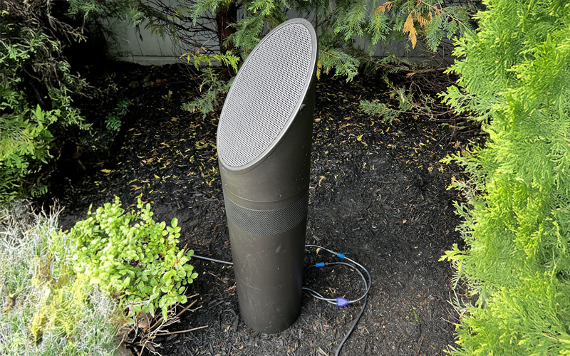 A black outdoor speaker is discreetly placed among green plants in a garden setting.
